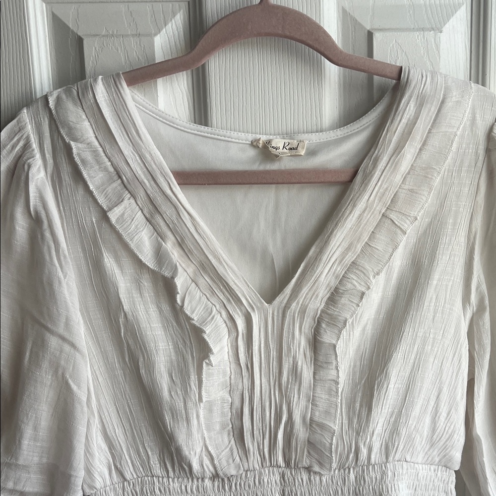 White Midi Dress with V-Neck and Smocked Waist - Picture 6 of 11